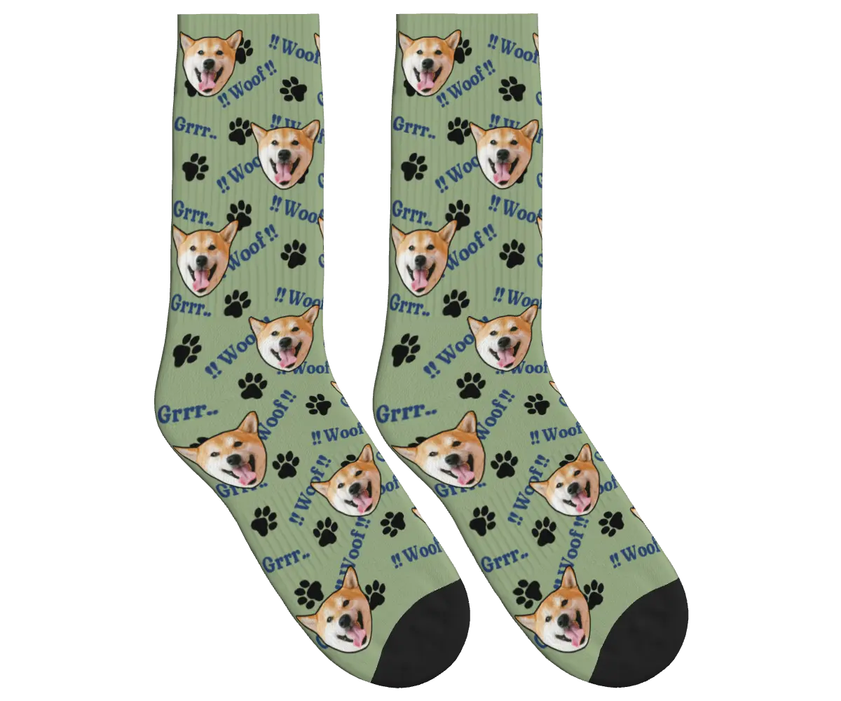 Woof!! Grrr.. Dog Face Socks with Fun Paw Patterns - Sage Green / Crew Socks