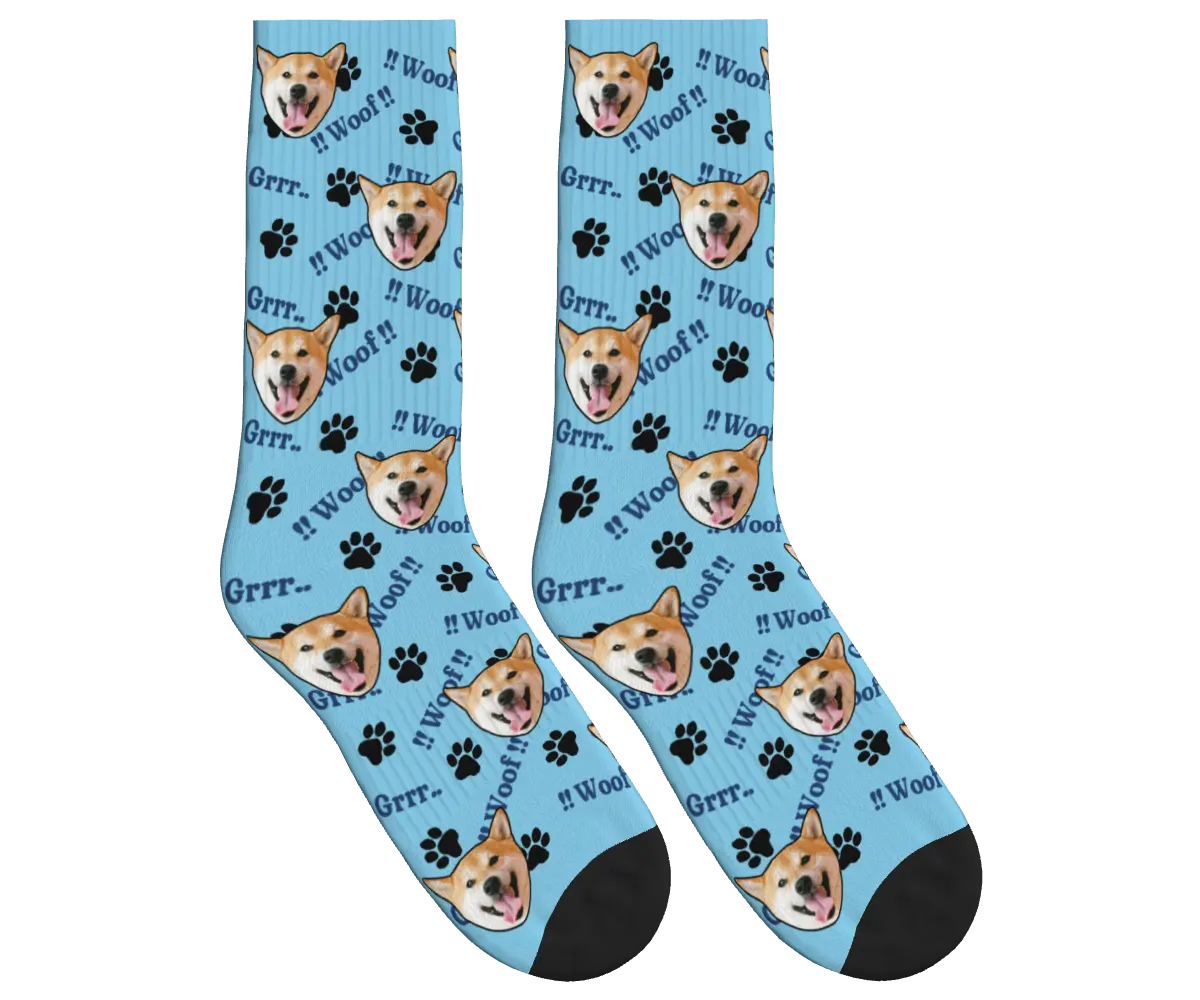 Woof!! Grrr.. Dog Face Socks with Fun Paw Patterns - Sky Blue / Crew Socks