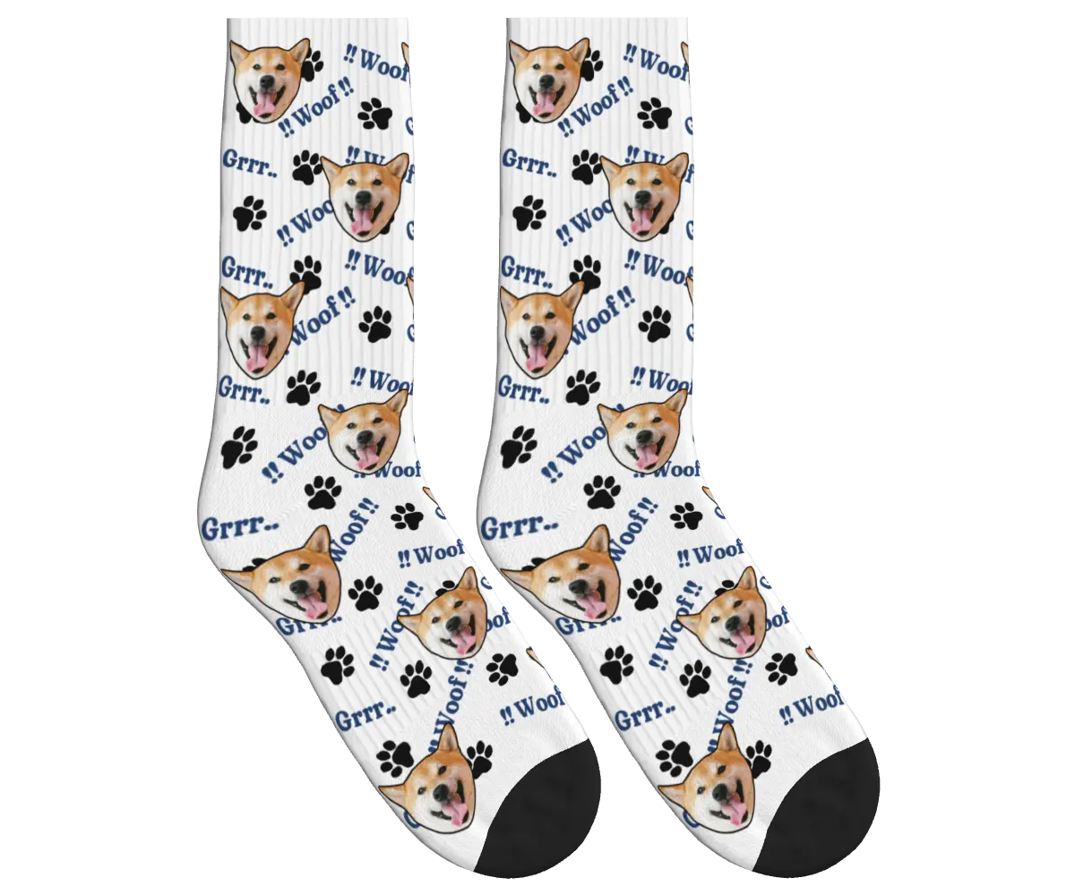 Woof!! Grrr.. Dog Face Socks with Fun Paw Patterns - White / Crew Socks