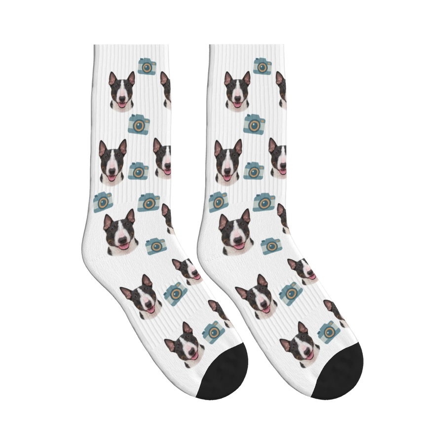 Camera Dog Face Socks in White with a personalized dog photo