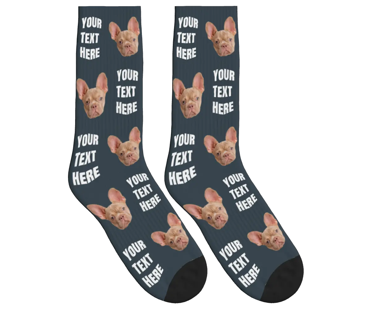 Your Text & Dog Face Socks - Mustard Yellow / Crew Socks