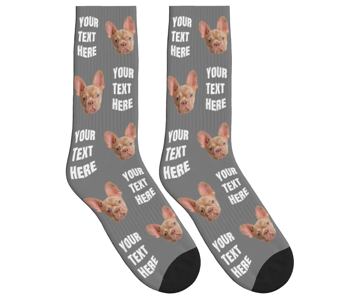 Your Text & Dog Face Socks - Gray / Crew Socks