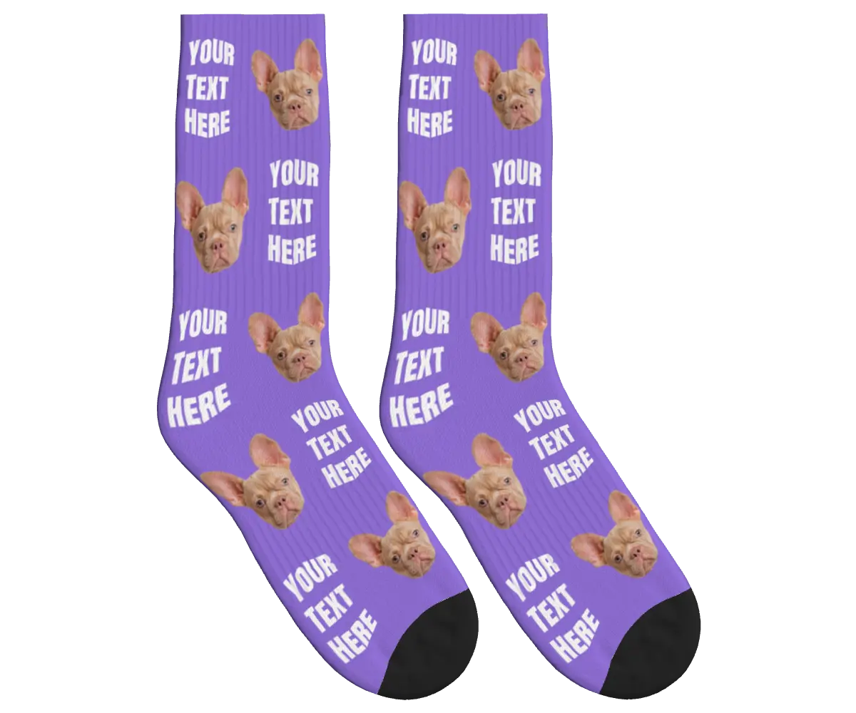 Your Text & Dog Face Socks - Purple / Crew Socks