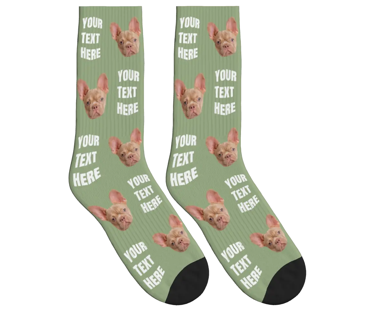 Your Text & Dog Face Socks - Sage Green / Crew Socks