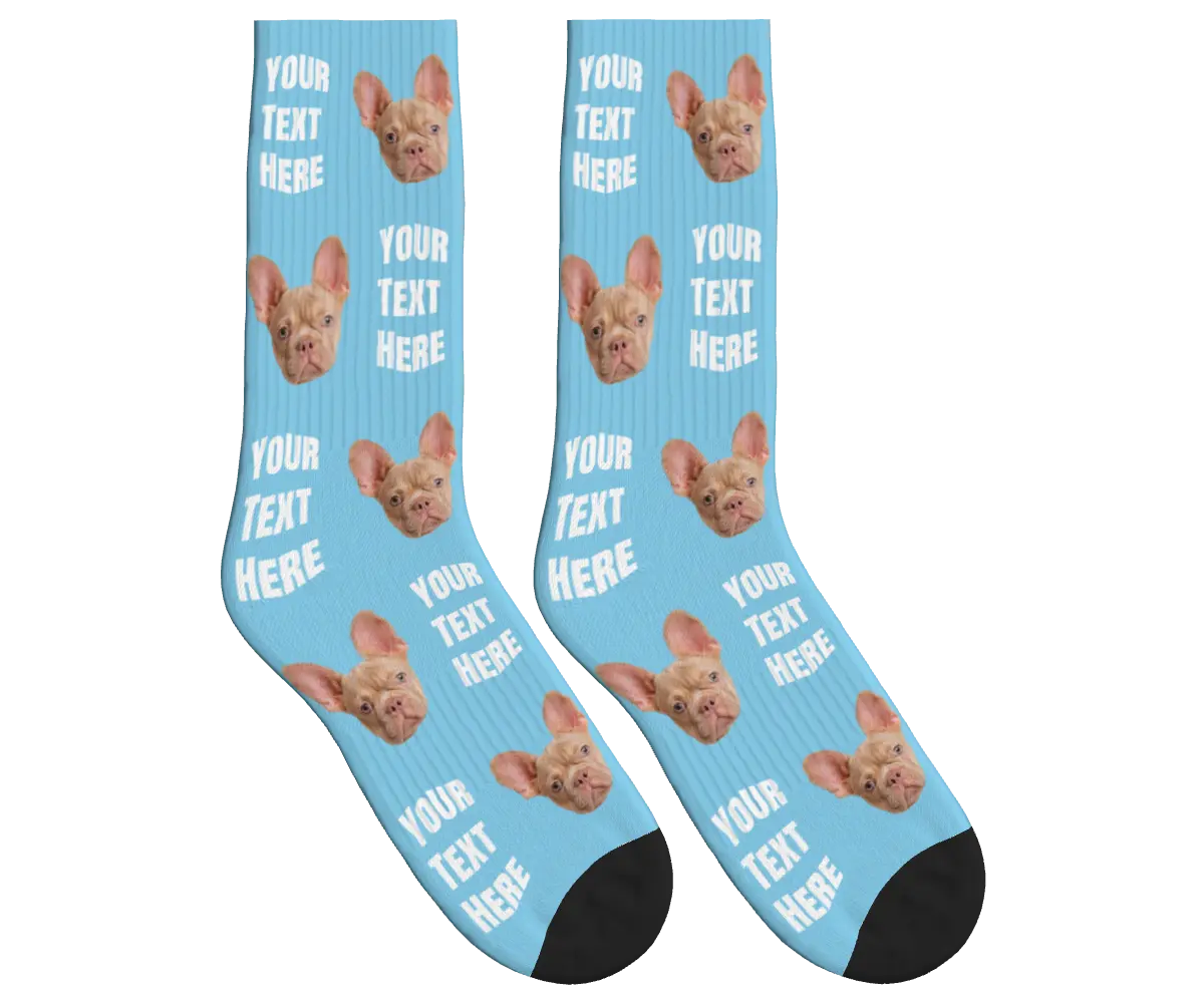 Your Text & Dog Face Socks - Sky Blue / Crew Socks