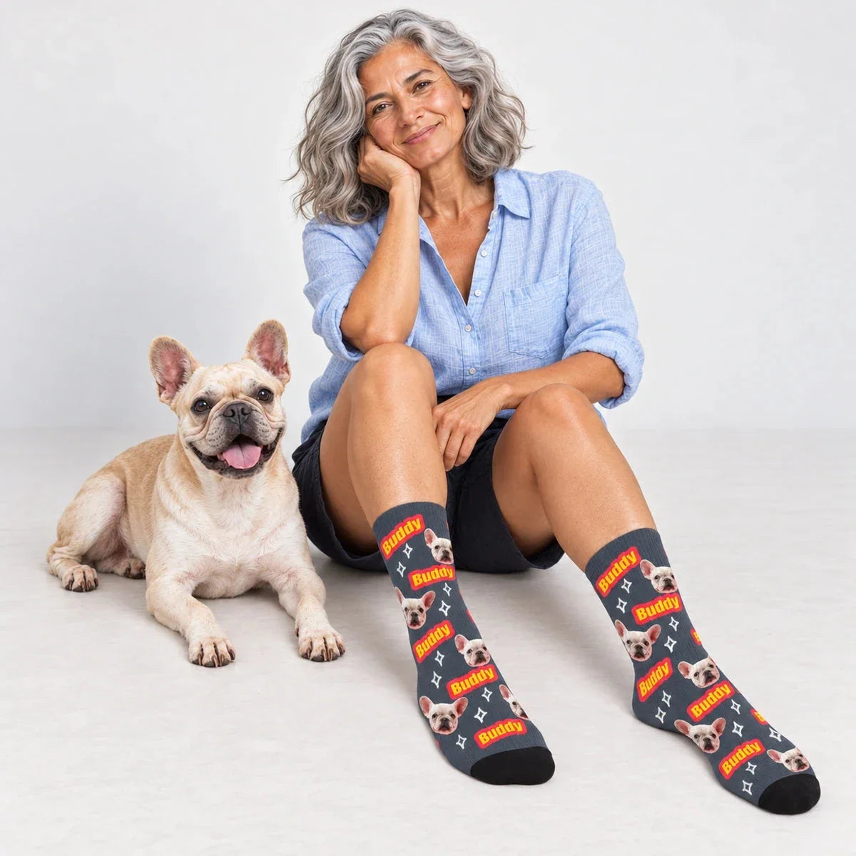 Charcoal gray Dog Name & Face crew socks worn beside a French bulldog