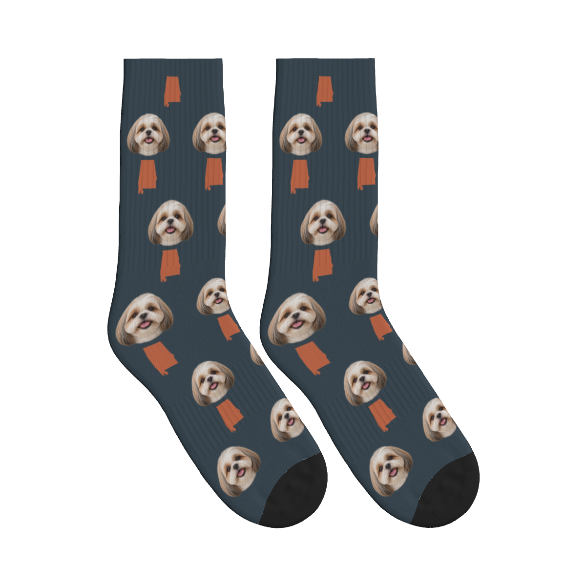 Alabama Map Dog Face Socks in Charcoal Gray with a custom dog photo