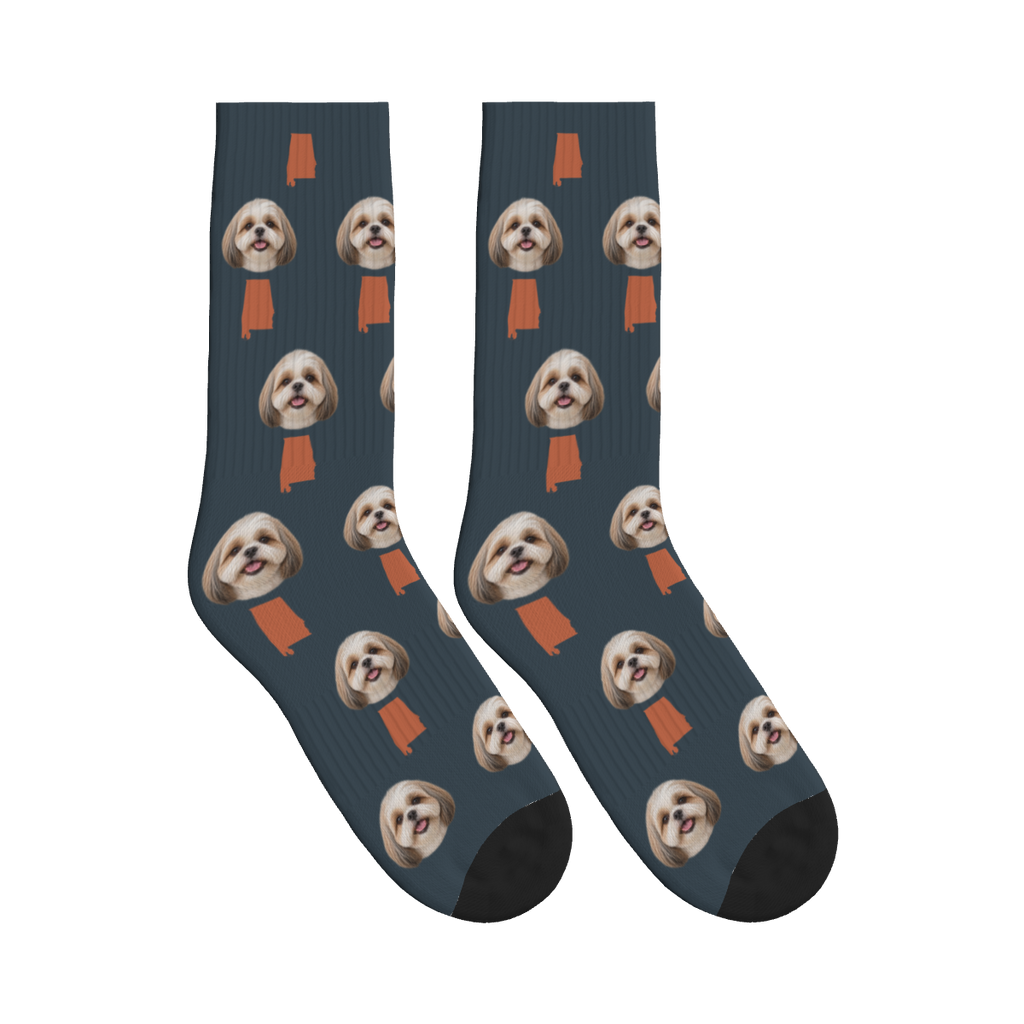 Alabama Map Dog Face Socks in Charcoal Gray with a custom dog photo