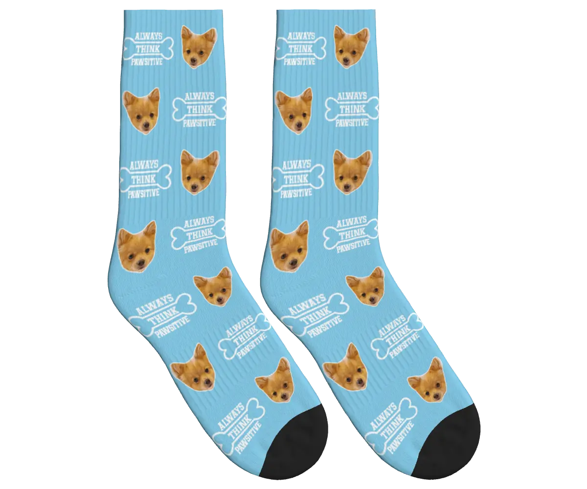 Always Think Pawsitive Socks with Dog Faces - Sky Blue / Crew Socks