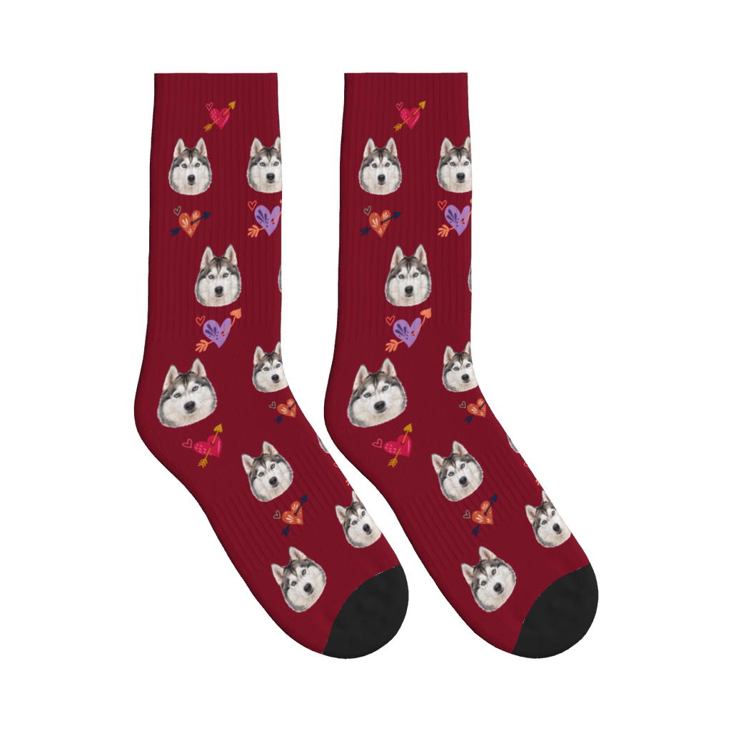 Arrow Hearts Dog Face Socks in Burgundy with a custom dog photo