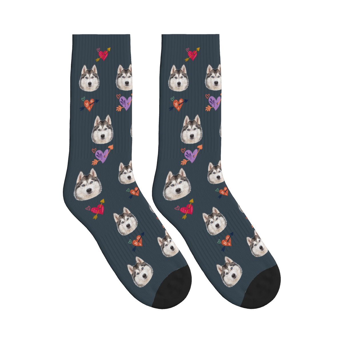 Arrow Hearts Dog Face Socks in Charcoal Gray with a custom dog photo