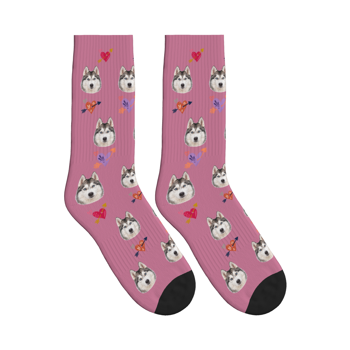 Arrow Hearts Dog Face Socks in Dusty Rose with a custom dog photo