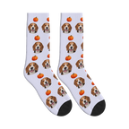 Autumn Pumpkin Dog Face Socks in Lavender with a custom dog photo and pumpkin pattern