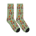 Autumn Pumpkin Dog Face Socks in Sage Green with a custom dog photo and pumpkin pattern