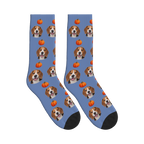 Autumn Pumpkin Dog Face Socks in Slate Blue with a custom dog photo and pumpkin pattern