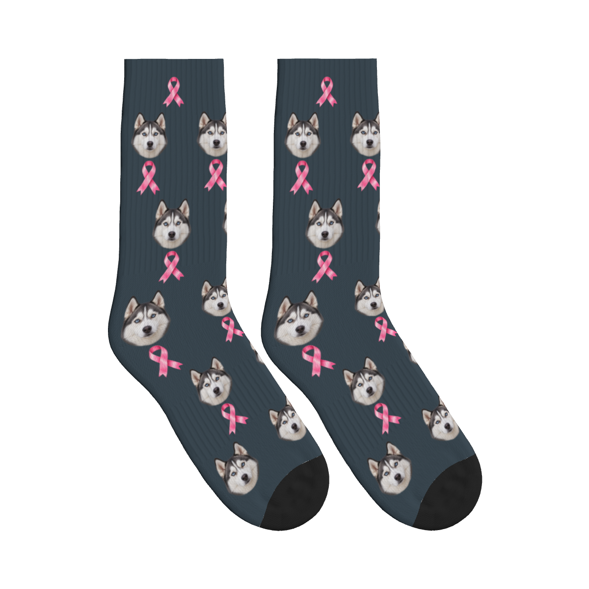 Awareness Ribbon Dog Face Socks in Charcoal Gray with a custom dog photo