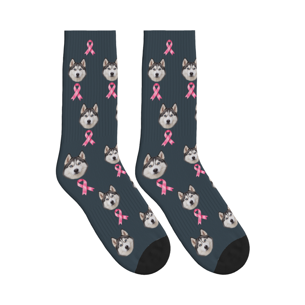 Awareness Ribbon Dog Face Socks in Charcoal Gray with a custom dog photo
