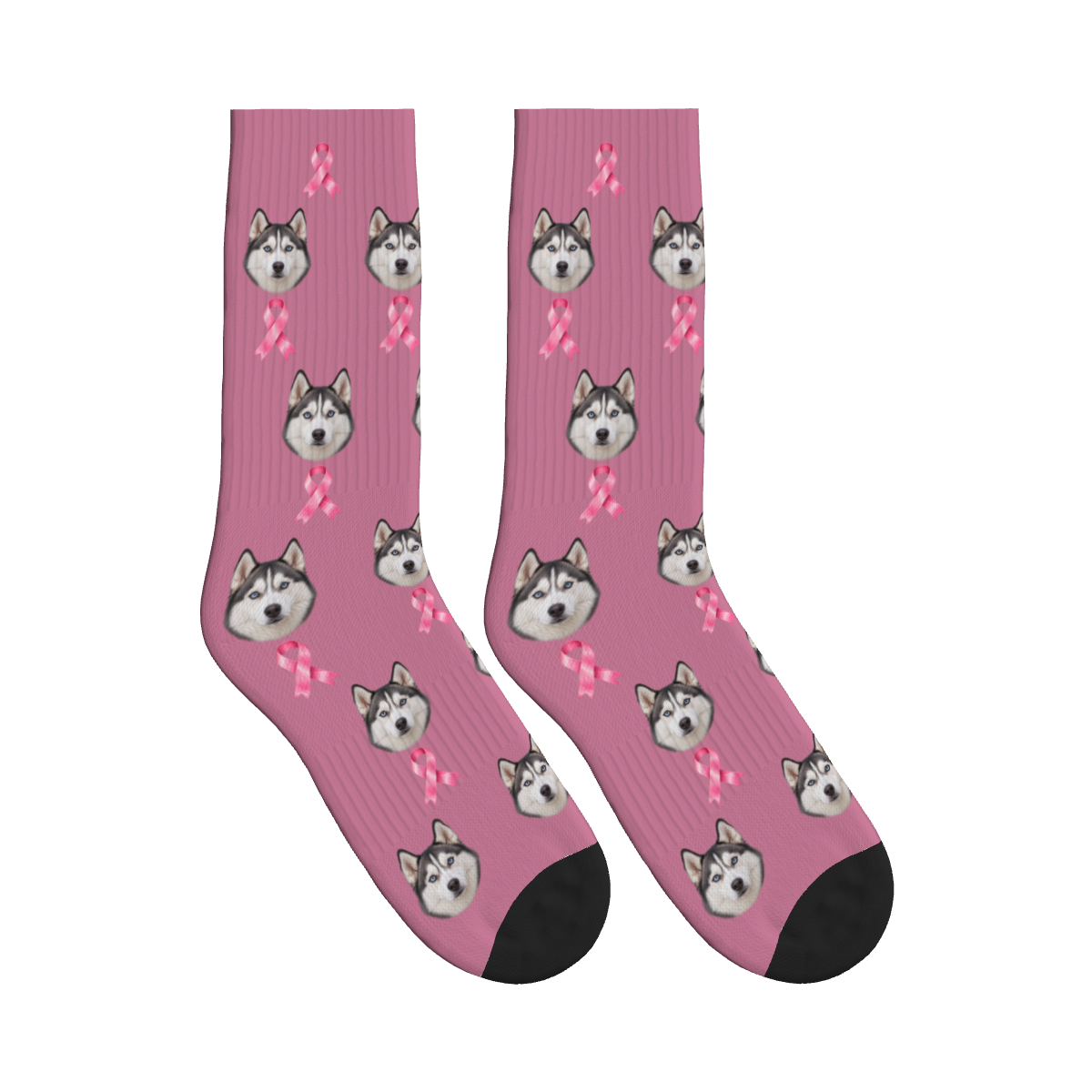 Awareness Ribbon Dog Face Socks in Dusty Rose with a custom dog photo