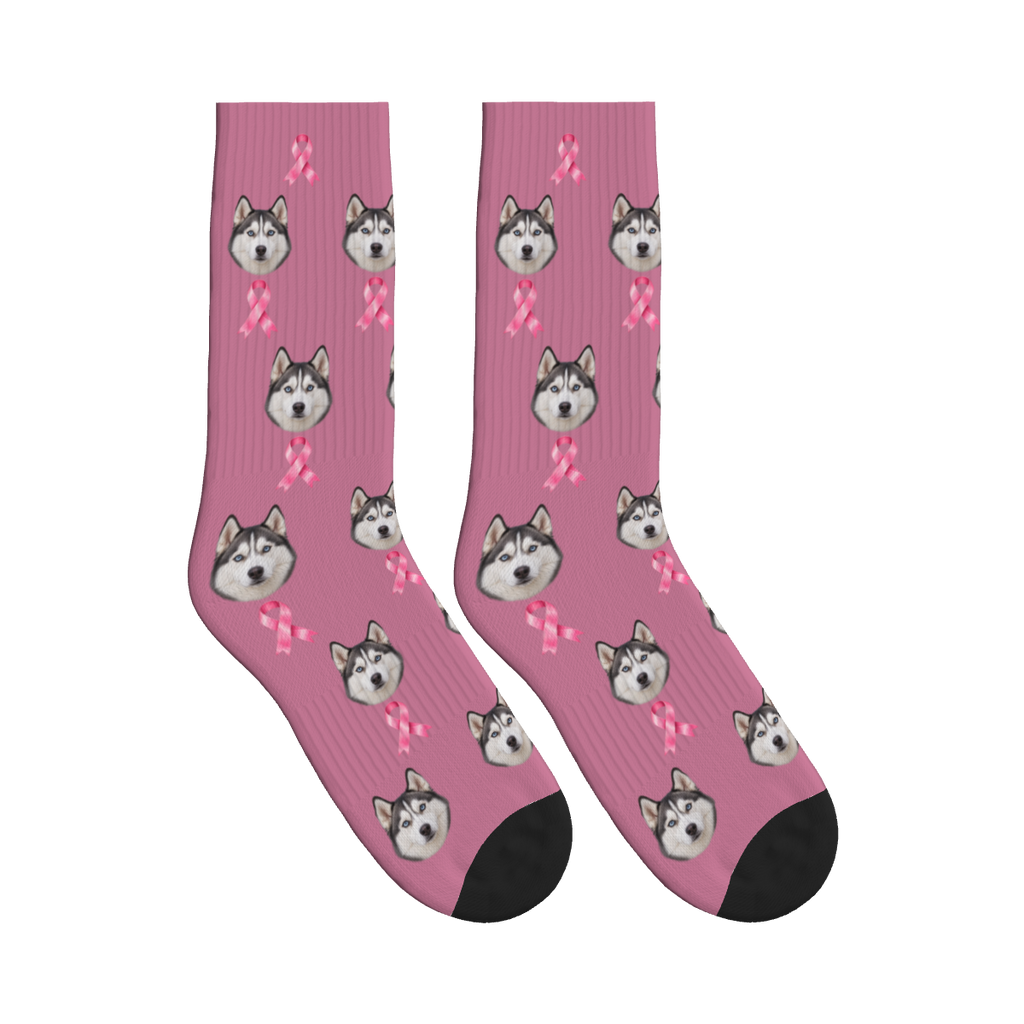 Awareness Ribbon Dog Face Socks in Dusty Rose with a custom dog photo