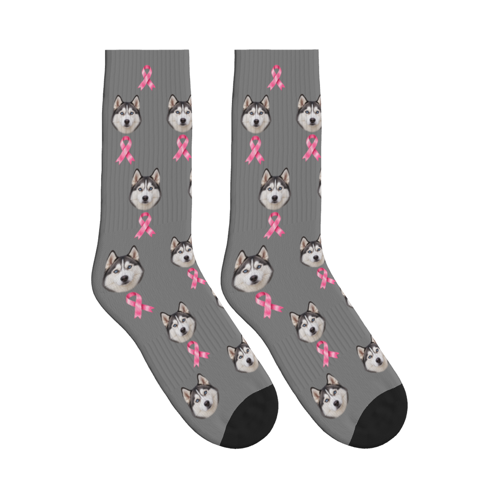 Awareness Ribbon Dog Face Socks in Gray with a custom dog photo