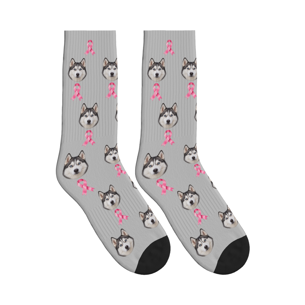 Awareness Ribbon Dog Face Socks in Light Gray with a custom dog photo