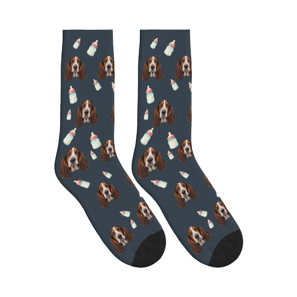 Baby Bottle Dog Face Socks in Charcoal Gray with a custom dog photo