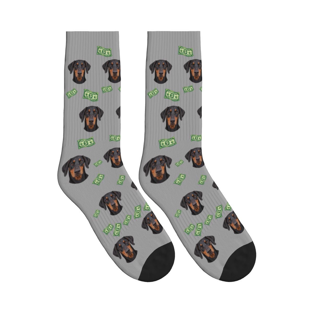 Banknote Icon Dog Face Socks in Silver Gray with a custom dog photo