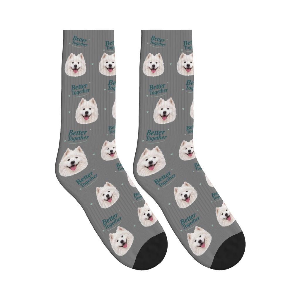 Better Together Dog Face Socks in Gray with a custom dog photo