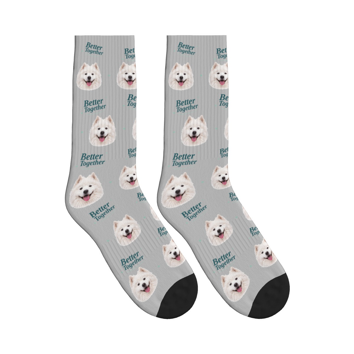 Better Together Dog Face Socks in Light Gray with a custom dog photo