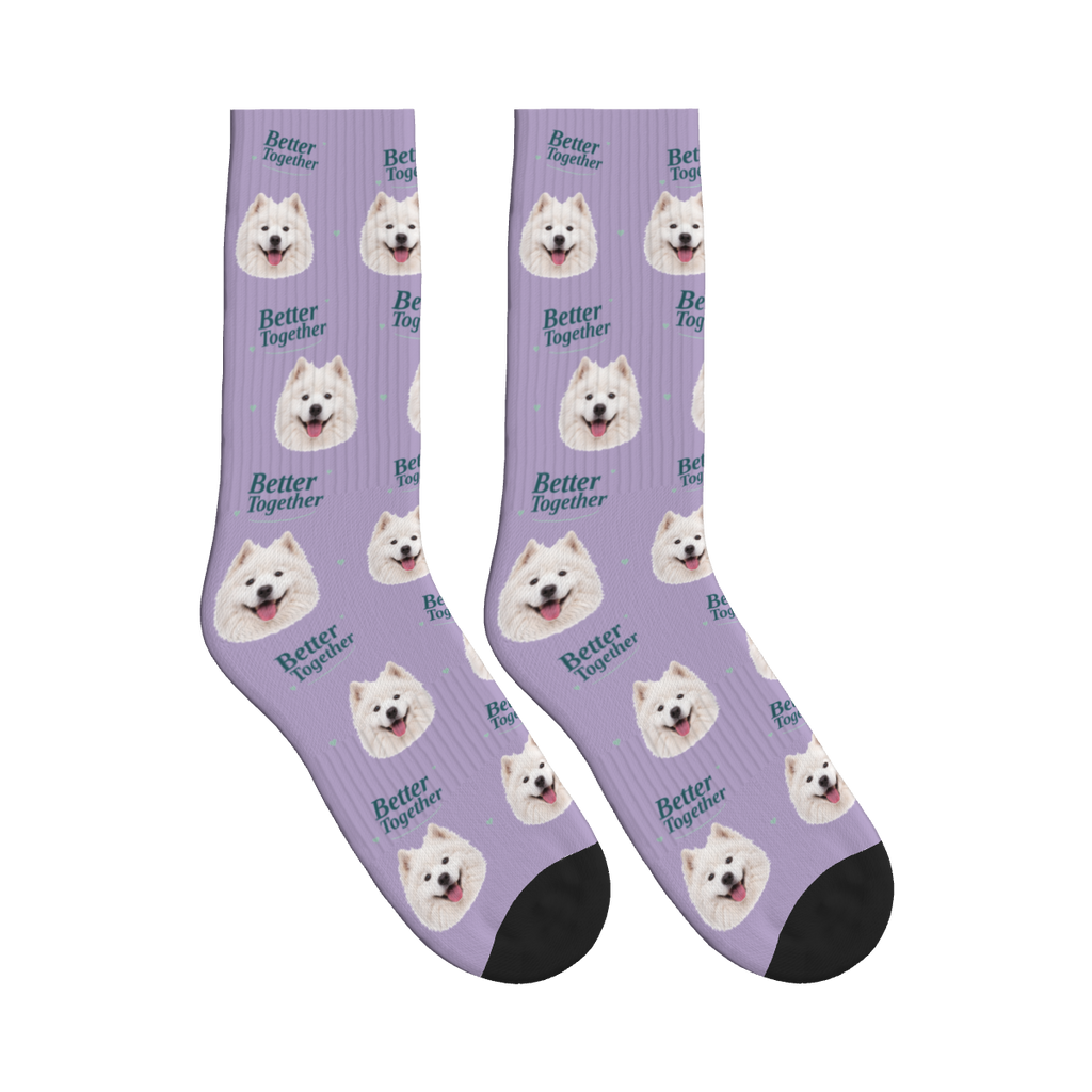 Better Together Dog Face Socks in Muted Lilac with a custom dog photo