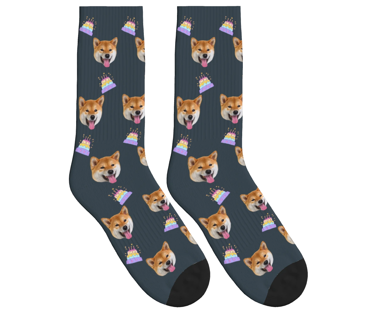 Birthday Cake & Dog Face Socks in Charcoal Gray — personalized dog photo design