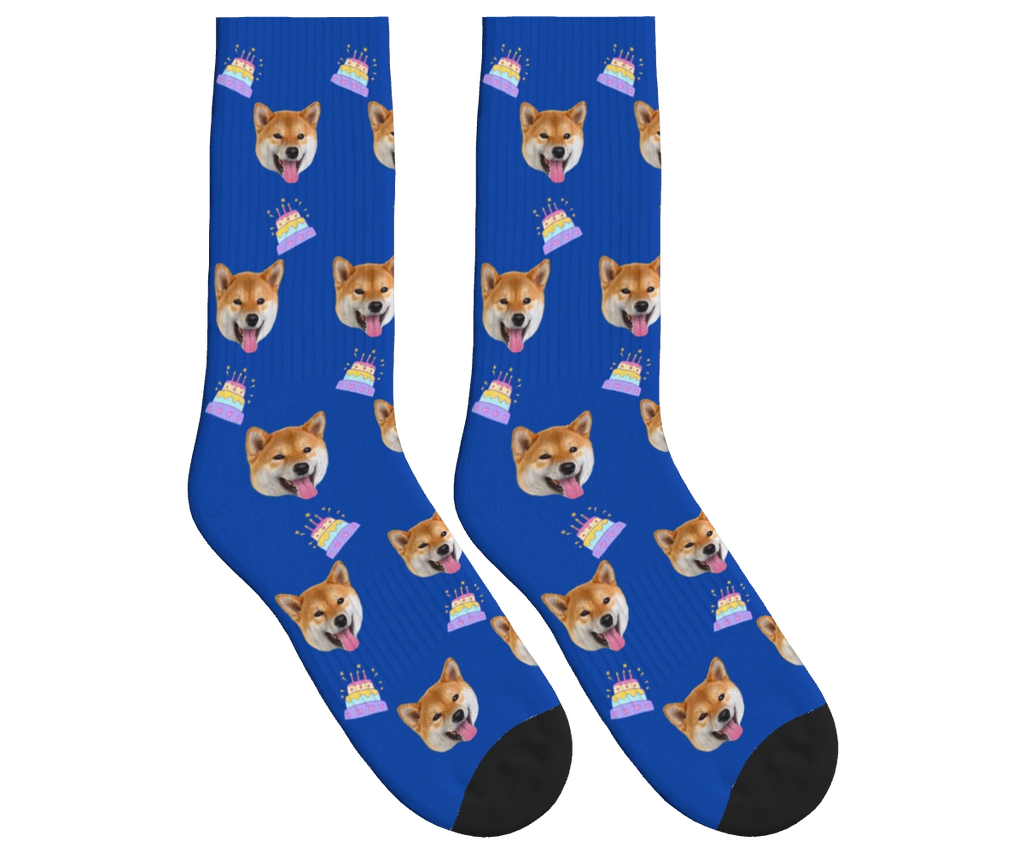 Birthday Cake & Dog Face Socks in Cobalt Blue — personalized dog photo design