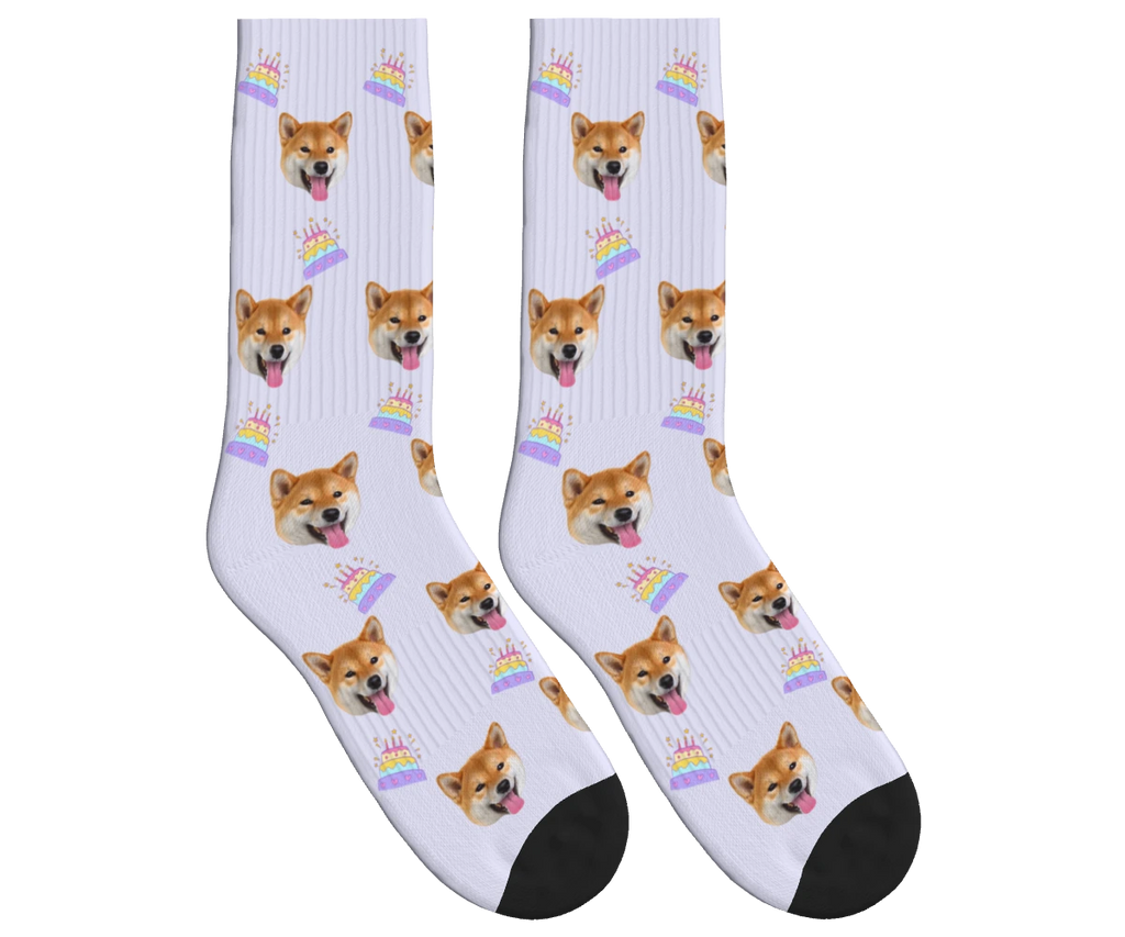 Birthday Cake & Dog Face Socks in Lavender — personalized dog photo design