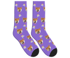 Birthday Cake & Dog Face Socks in Purple — personalized dog photo design