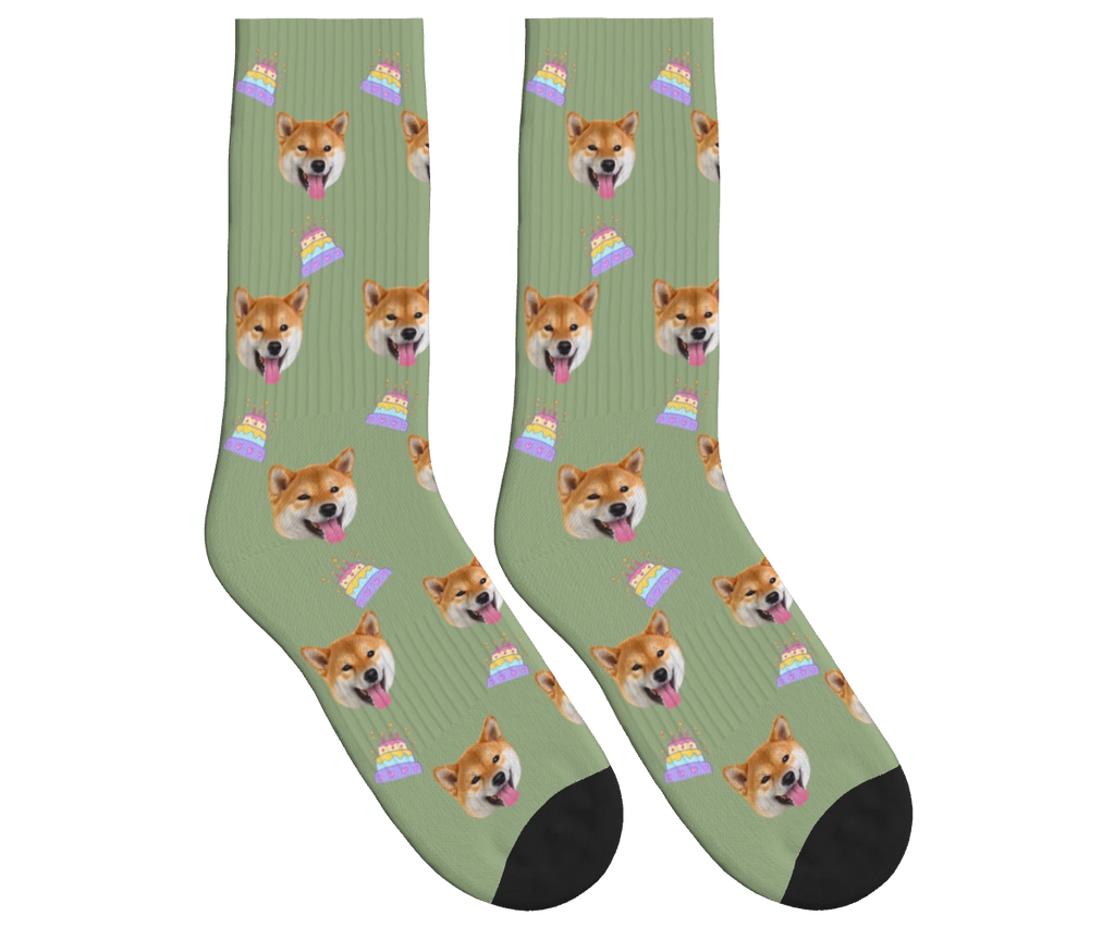 Birthday Cake & Dog Face Socks in Sage Green — personalized dog photo design
