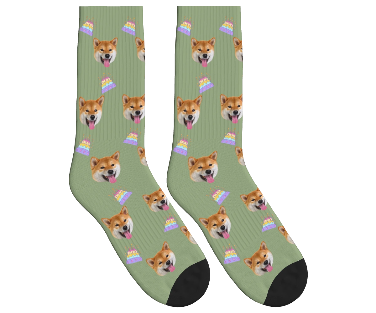 Birthday Cake & Dog Face Socks in Sage Green — personalized dog photo design