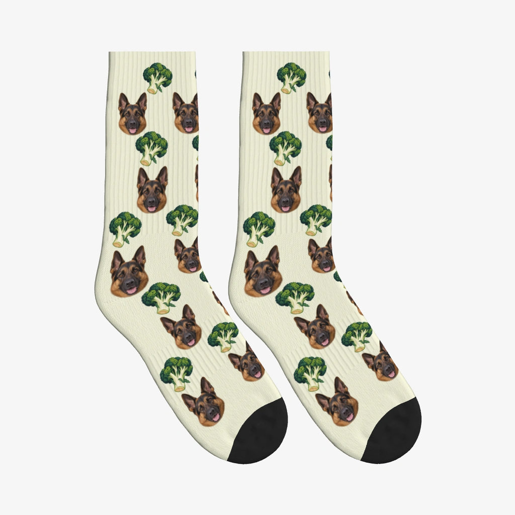 Broccoli Grove Dog Face Socks in Beige with a custom dog photo
