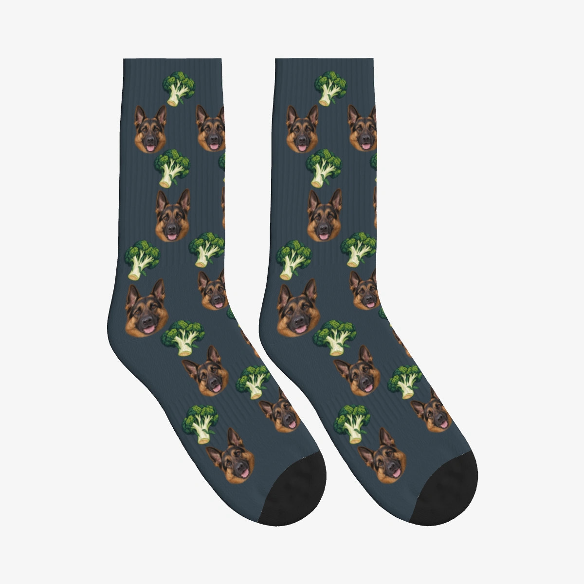 Broccoli Grove Dog Face Socks in Charcoal Gray with a custom dog photo