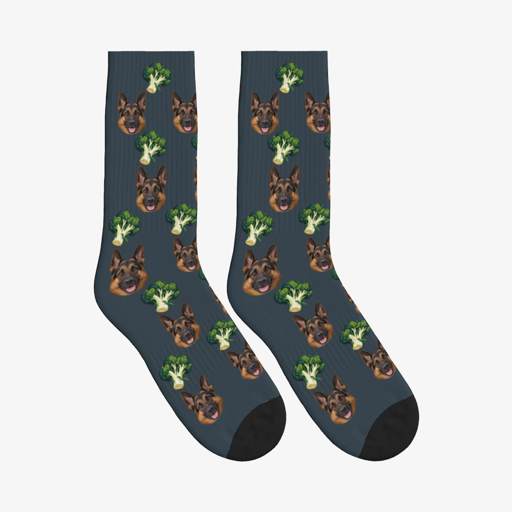 Broccoli Grove Dog Face Socks in Charcoal Gray with a custom dog photo