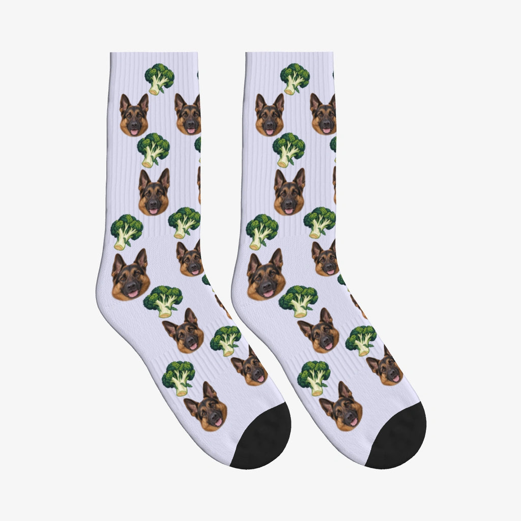 Broccoli Grove Dog Face Socks in Lavender with a custom dog photo