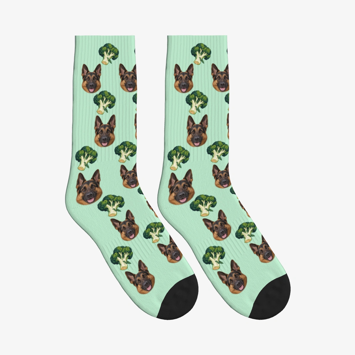 Broccoli Grove Dog Face Socks in Mint Green with a custom dog photo