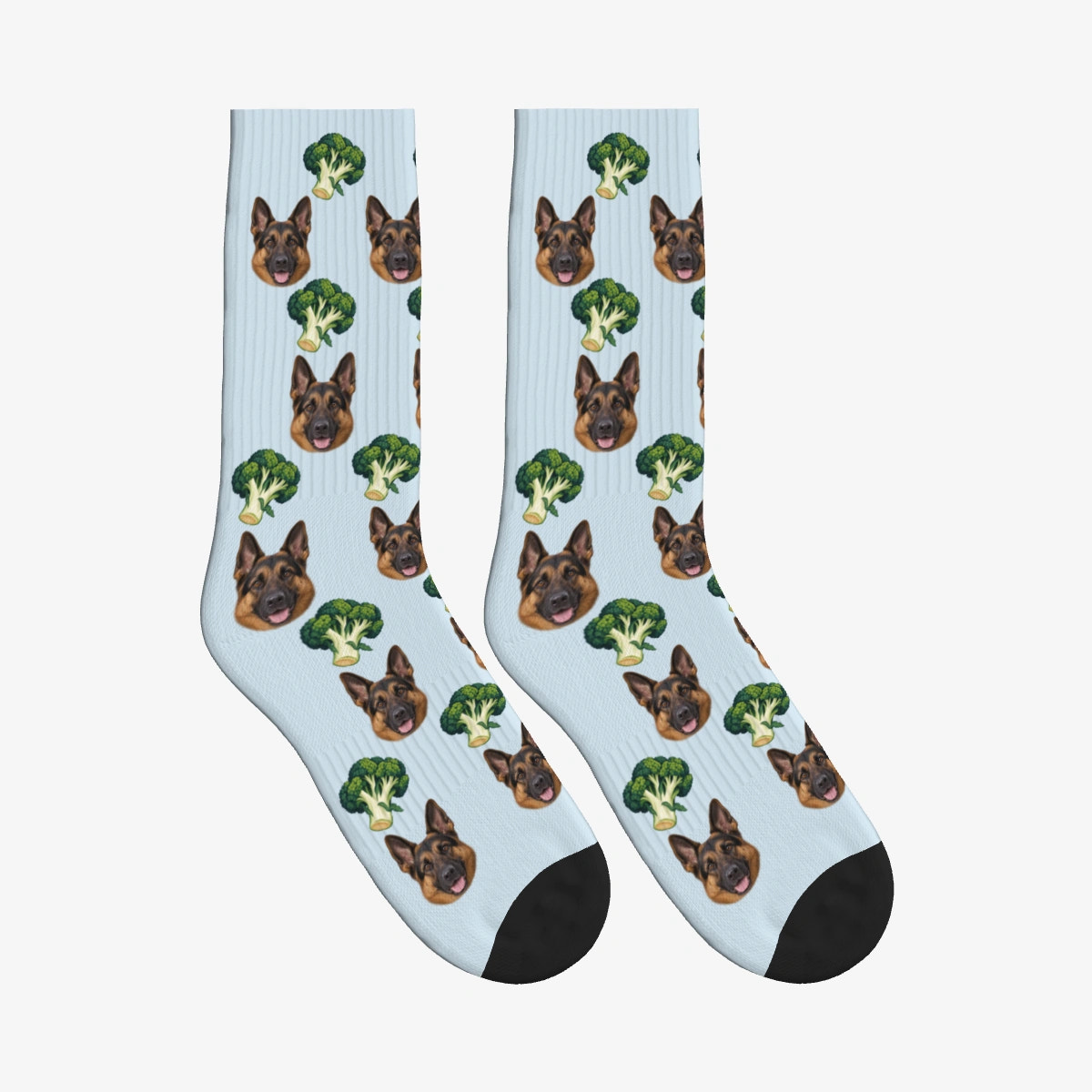 Broccoli Grove Dog Face Socks in Powder Blue with a custom dog photo