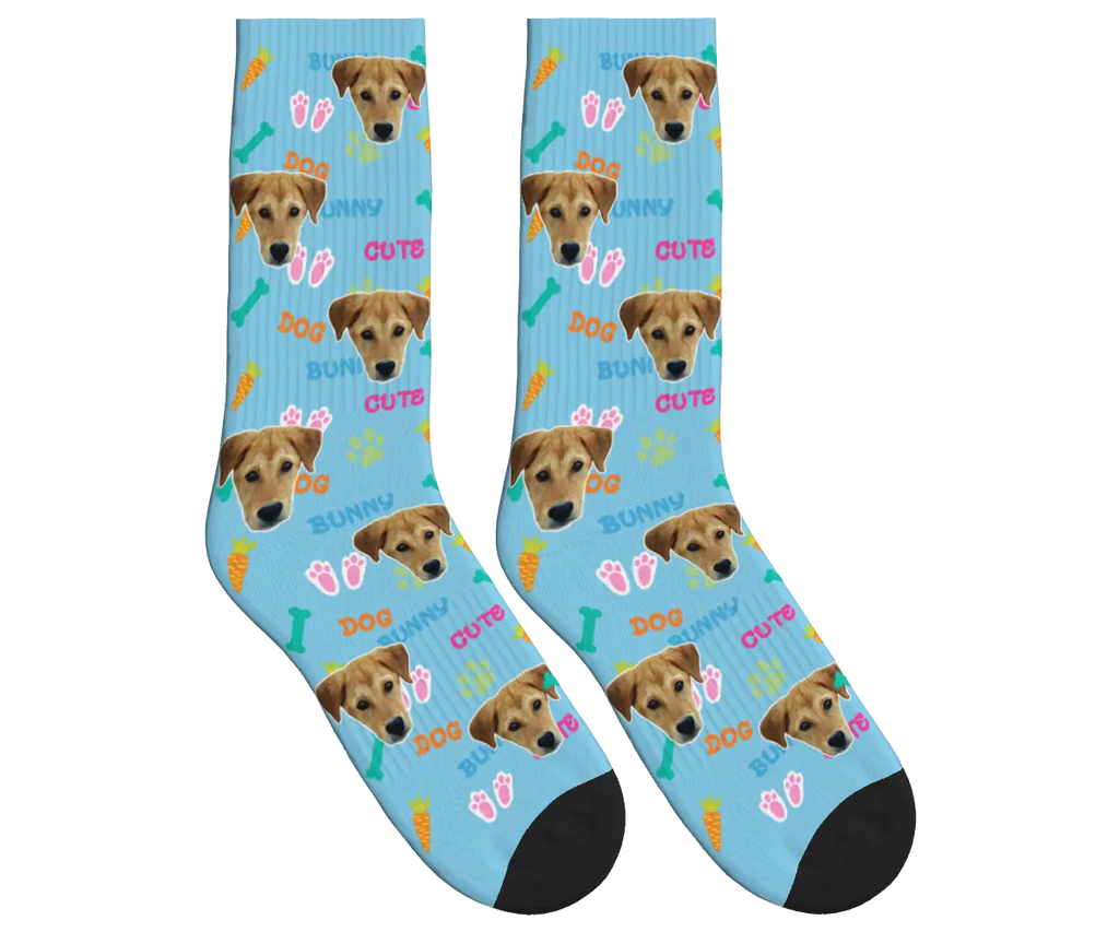 Bunny & Dog Face Easter Socks - Sky Blue / Crew Socks