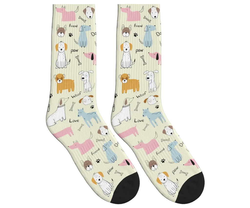 Cartoon Dogs, Bones & Words Socks - Beige / Crew Socks