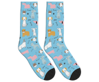 Cartoon Dogs, Bones & Words Socks - Sky Blue / Crew Socks
