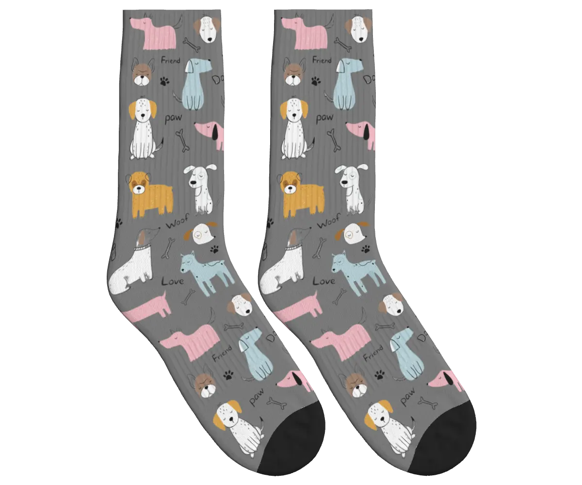 Cartoon Dogs, Bones & Words Socks - Gray / Crew Socks