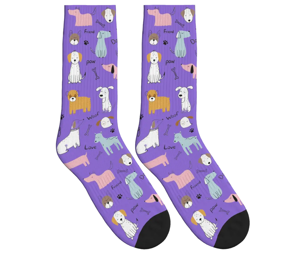 Cartoon Dogs, Bones & Words Socks - Purple / Crew Socks