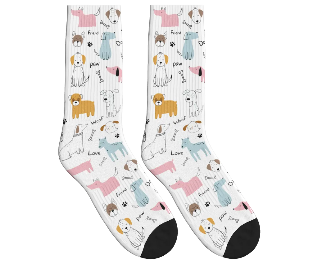 Cartoon Dogs, Bones & Words Socks - White / Crew Socks