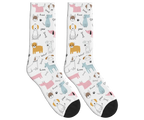 Cartoon Dogs, Bones & Words Socks - White / Crew Socks