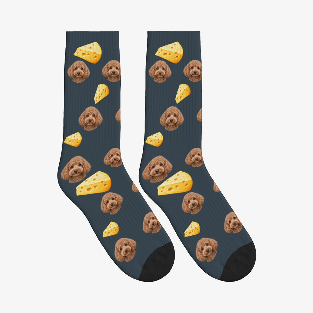 Cheese Dog Face Socks in Charcoal Gray with a custom dog photo